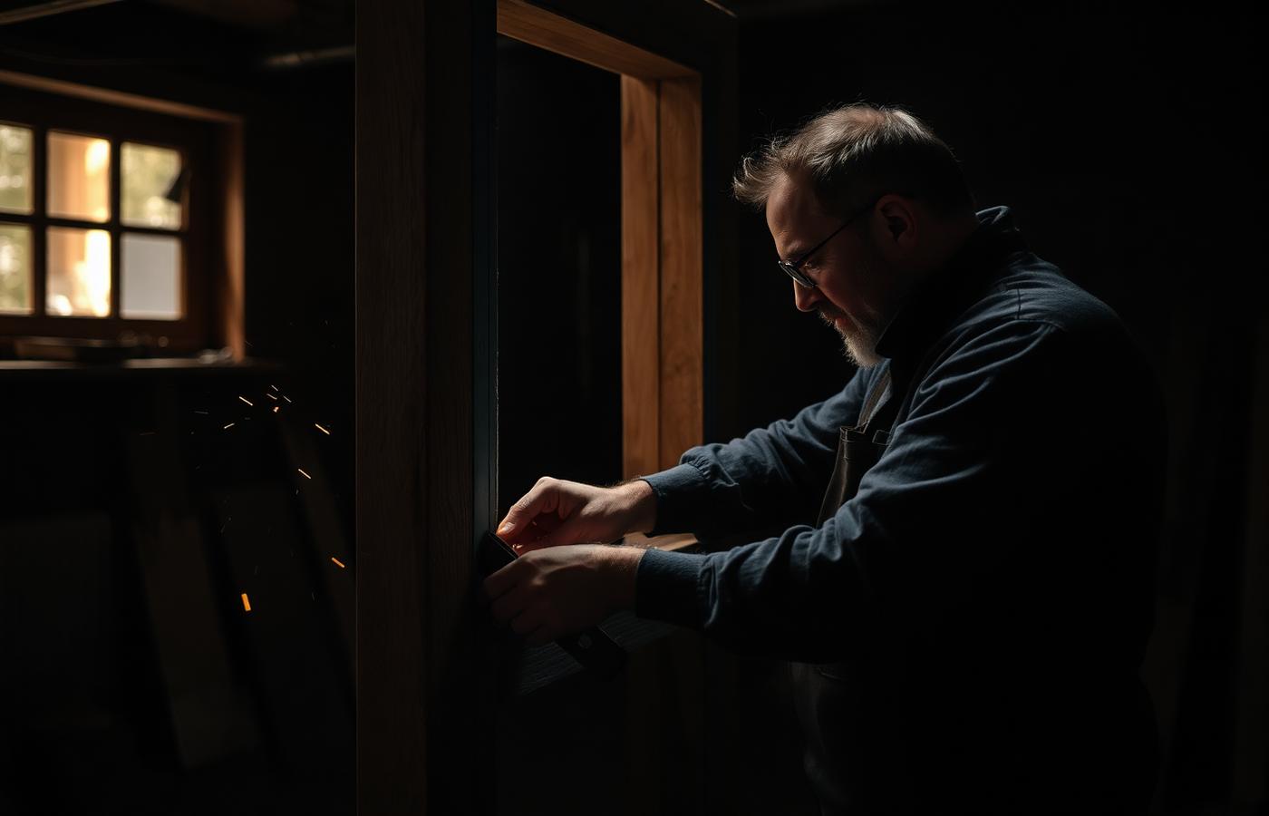 Craftsman measuring a timber door frame in the Aperture workshop